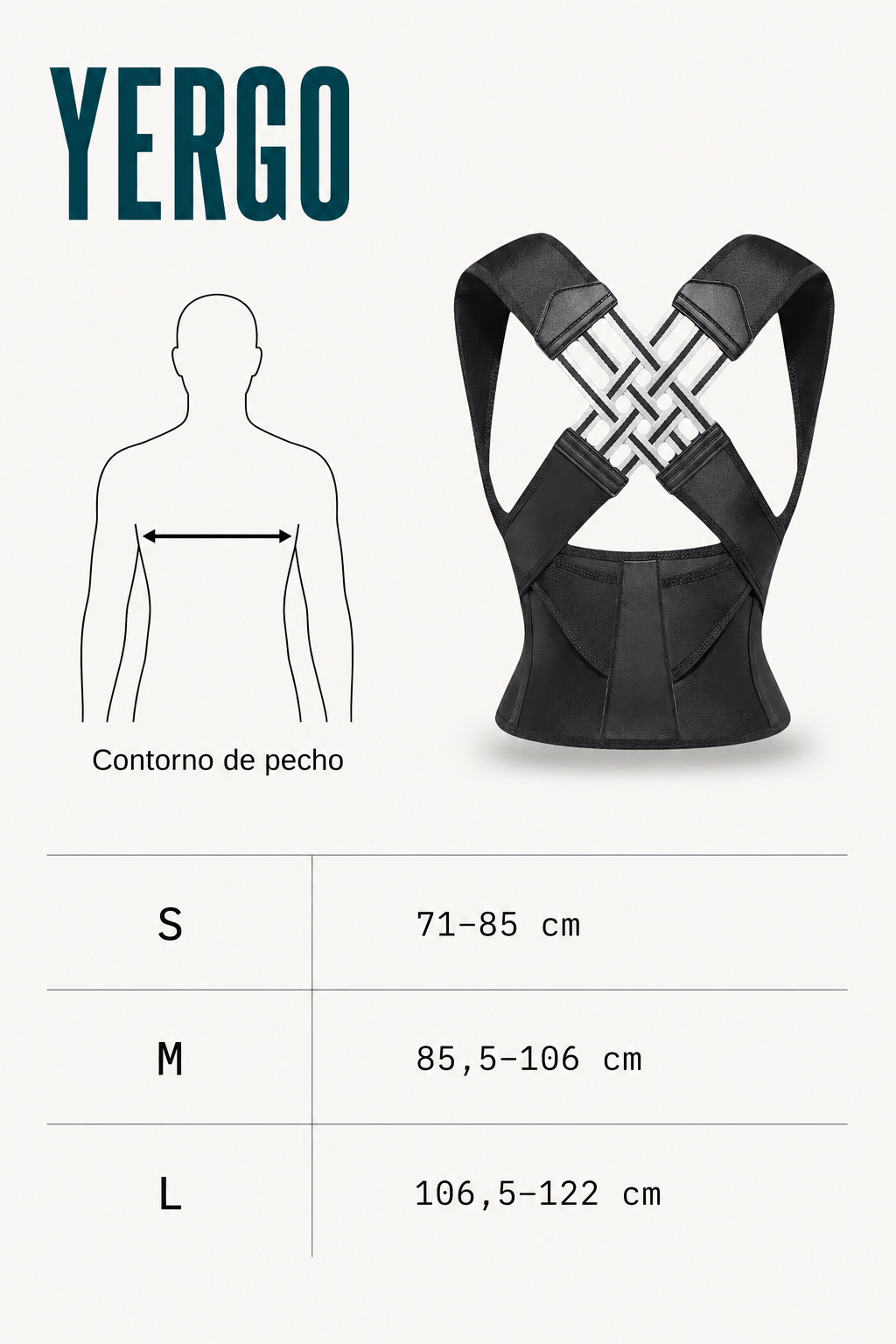 Guía de talles Yergo: S, M y L por contorno de pecho