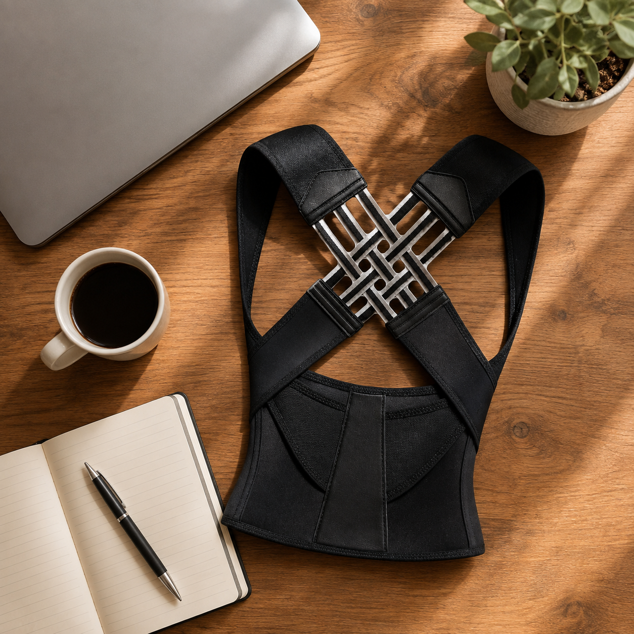 Yergo en el escritorio junto a notebook y café